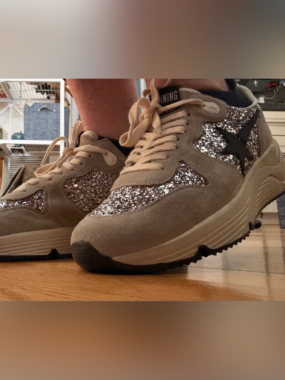 BNIB GOLDEN GOOSE Women’s Taupe Glitter Accent Sneakers